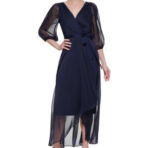 DKNY Balloon-Sleeve Faux-Wrap Gown – Midnight Blue – Size 8 – NWT